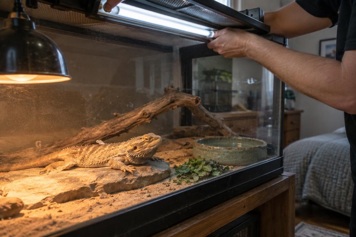 Bearded dragon basking under a heat lamp, showing how much a bearded dragon costs to house properly