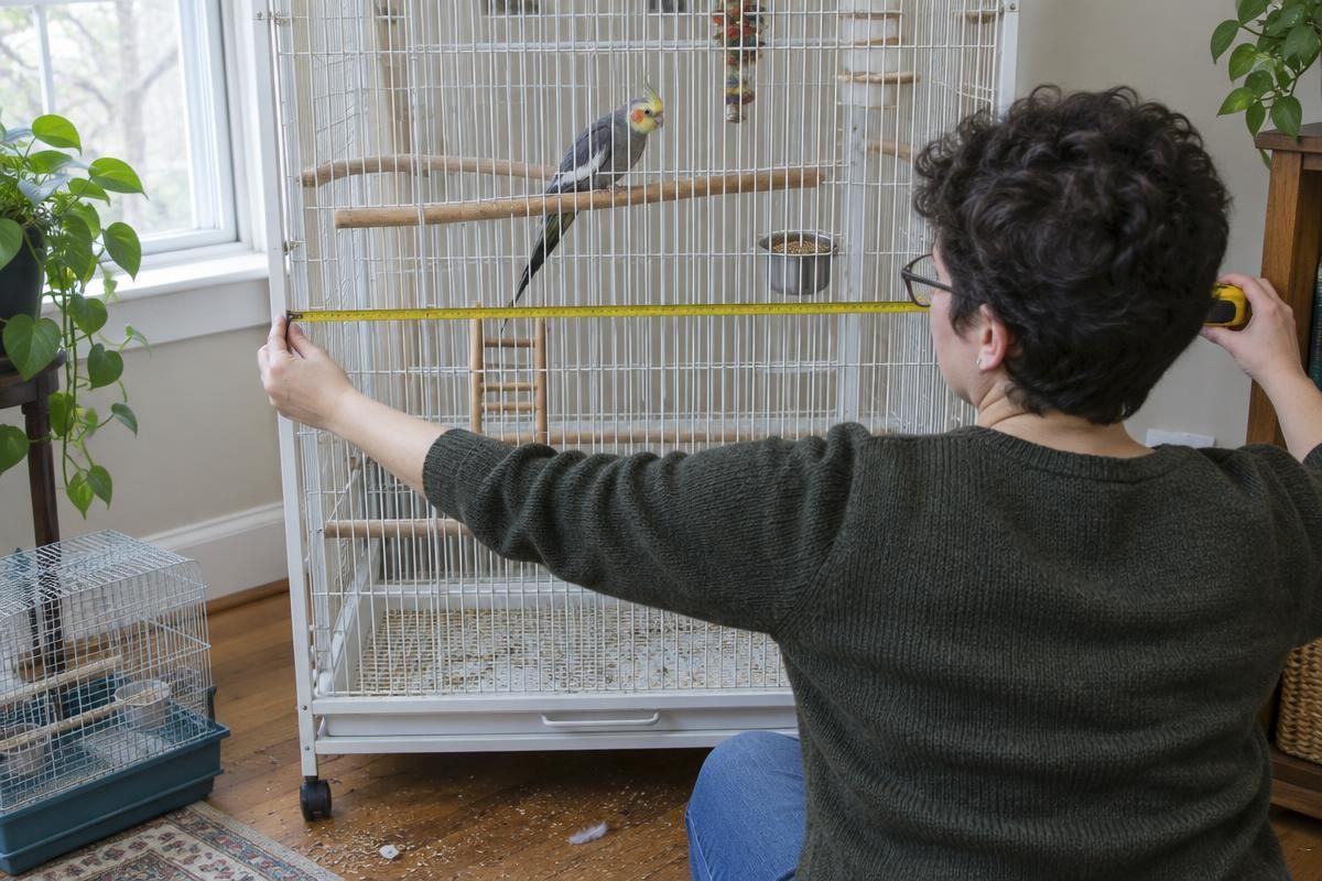 Owner measuring a cockatiel cage from edge to edge with a tape measure to check a bird cage size calculator