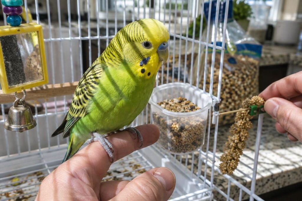 Green budgie stepping onto a finger beside a full seed cup, part of the yearly budgie cost