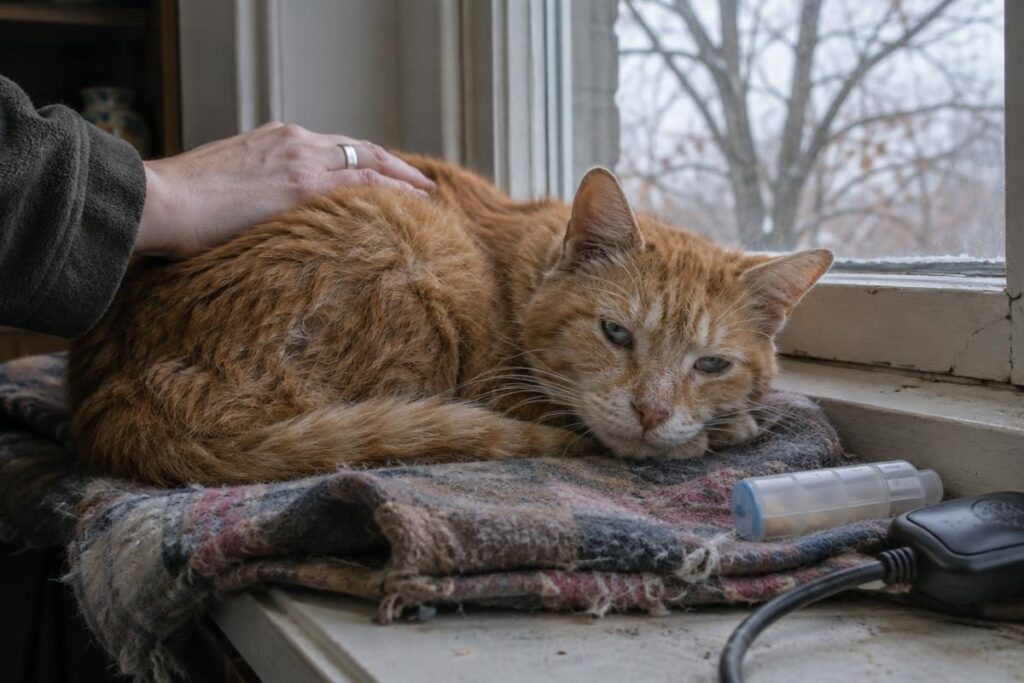 Senior orange tabby resting on a windowsill, an older cat whose years a cat age calculator converts