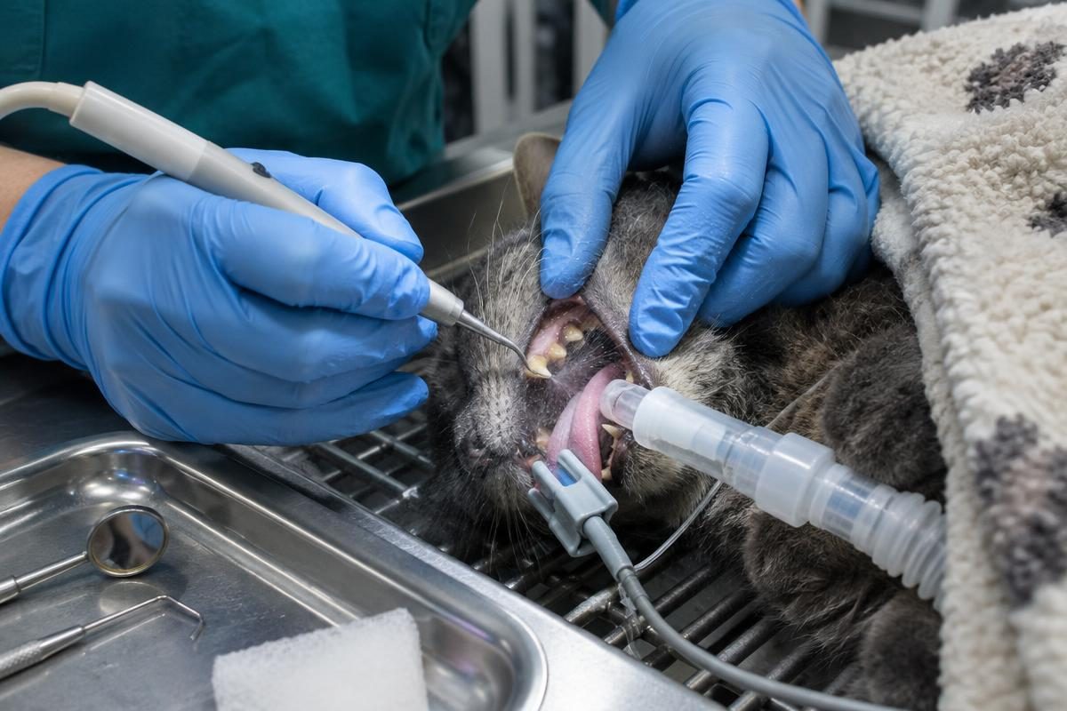 Veterinary technician scaling tartar from an anesthetized cat's teeth, the main part of cat dental cleaning cost