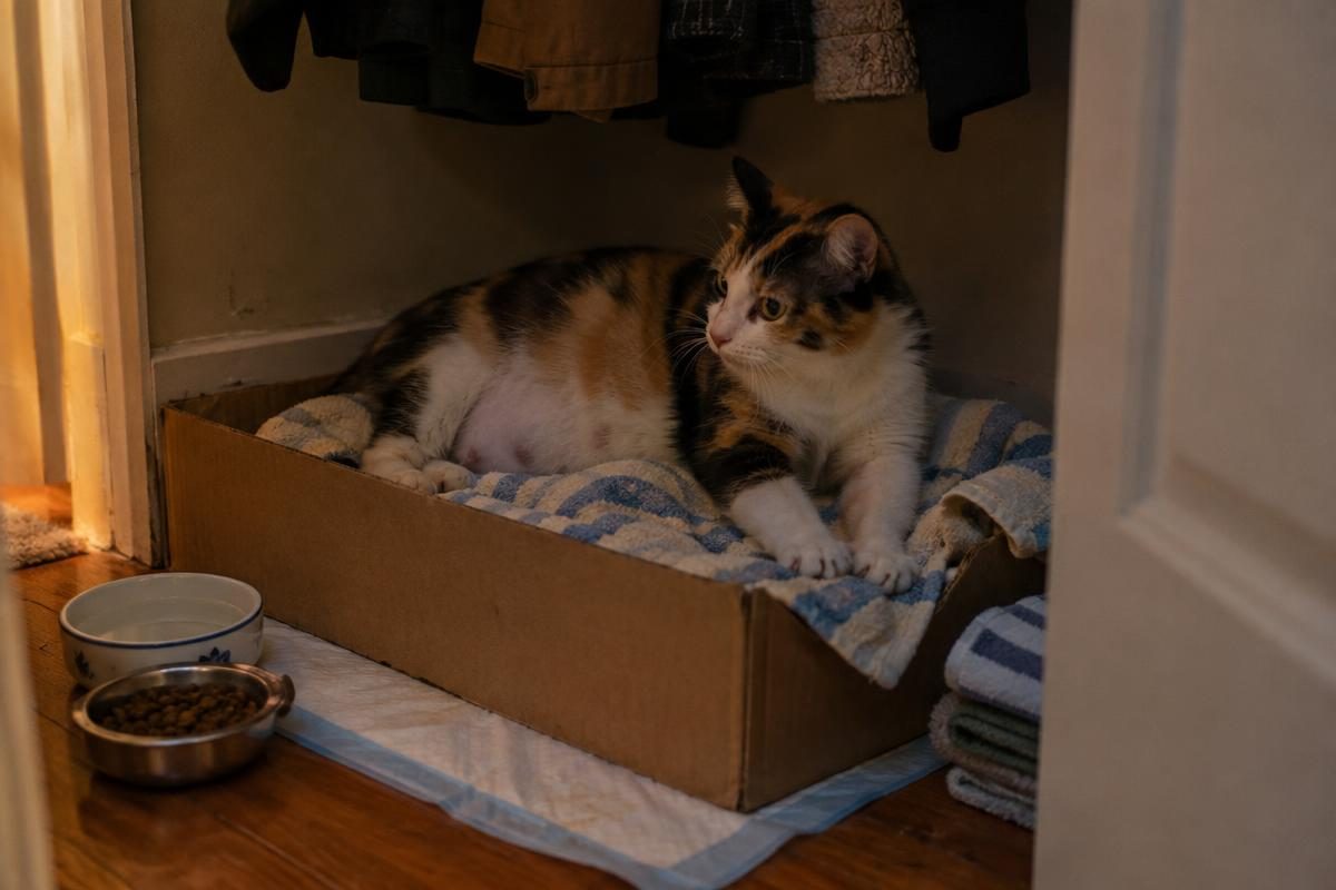 Pregnant calico cat settling into a towel-lined nesting box near the due date from a cat gestation calculator