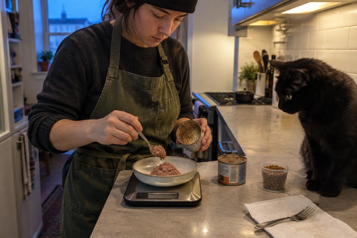 Owner weighing a wet food portion on a kitchen scale after checking a cat kcal calculator as the cat watches