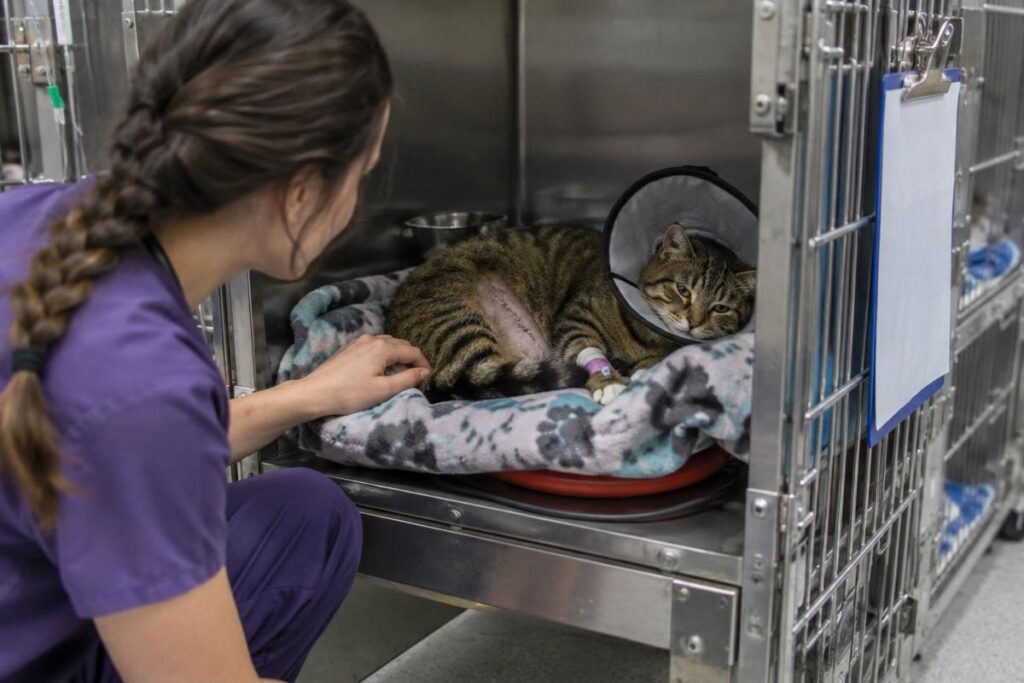 Tabby cat in a recovery cone resting in a clinic kennel after surgery, a step included in cat spay cost