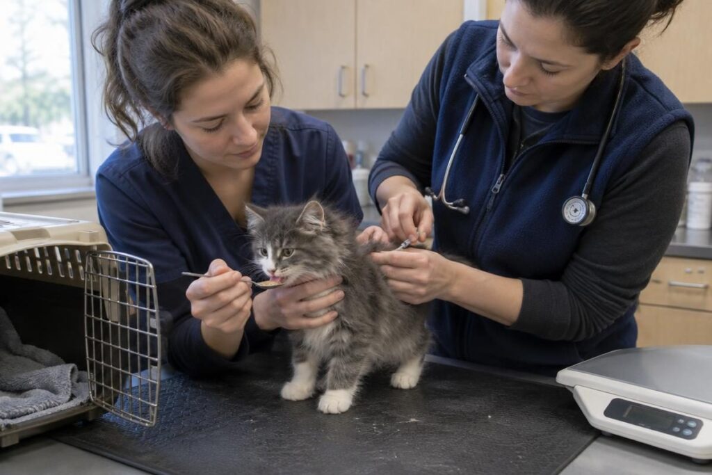 Veterinarian vaccinating a gray kitten while a technician offers a treat, one visit in the first-year cat vaccination cost