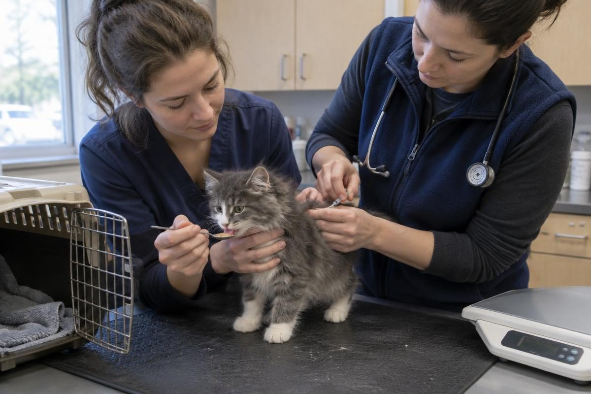 Veterinarian vaccinating a gray kitten while a technician offers a treat, one visit in the first-year cat vaccination cost