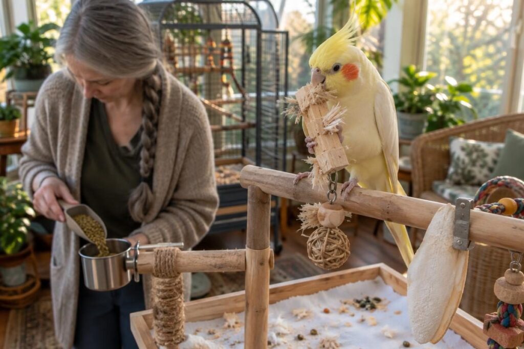 Lutino cockatiel shredding a wooden toy on its play stand, a recurring item in yearly cockatiel cost