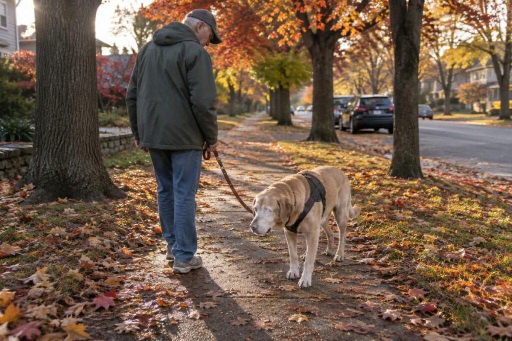 Gray-muzzled senior Labrador walking slowly with its owner, a dog whose age a dog age calculator puts near 66