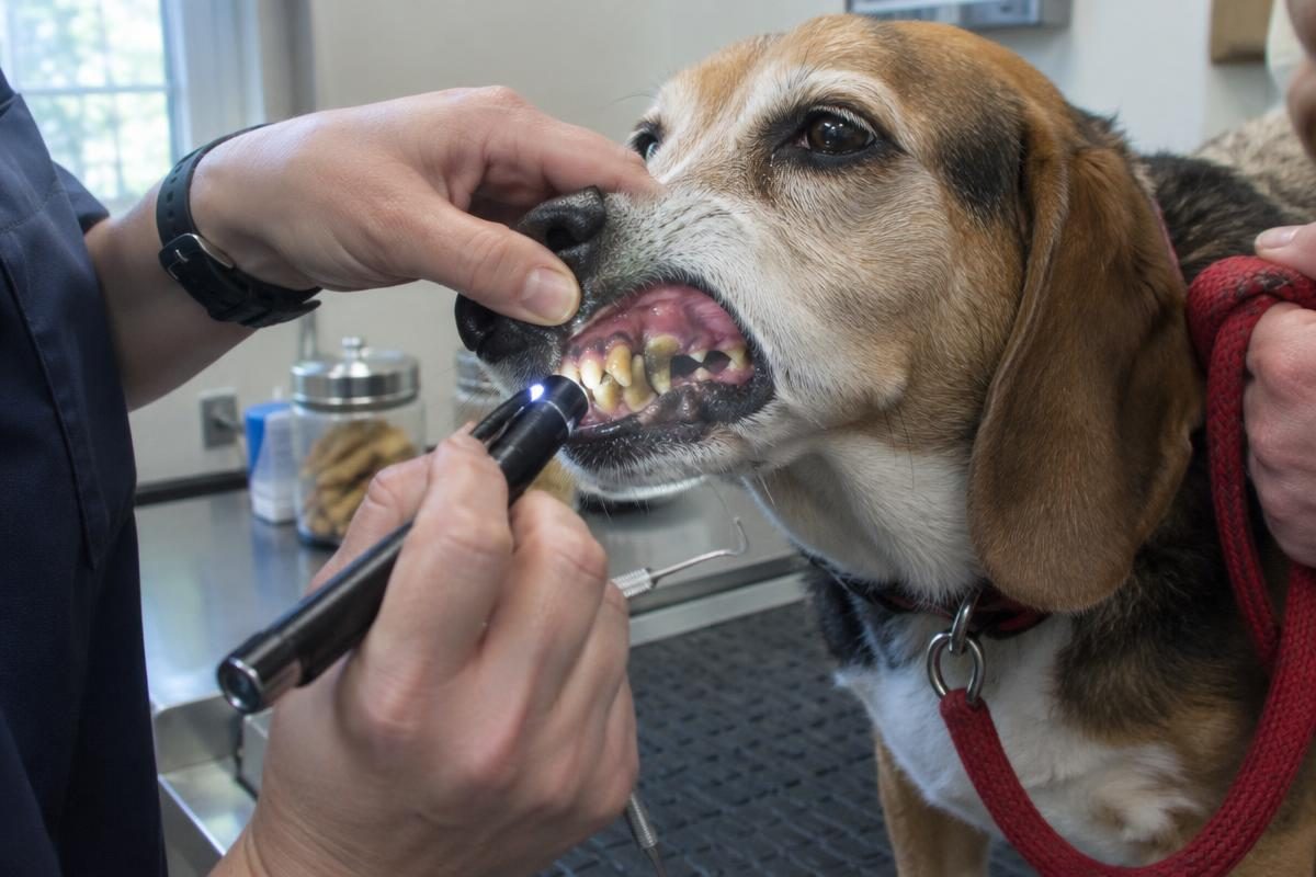 Veterinarian checking tartar on a beagle's teeth, the exam that sets how much a dog dental cleaning costs