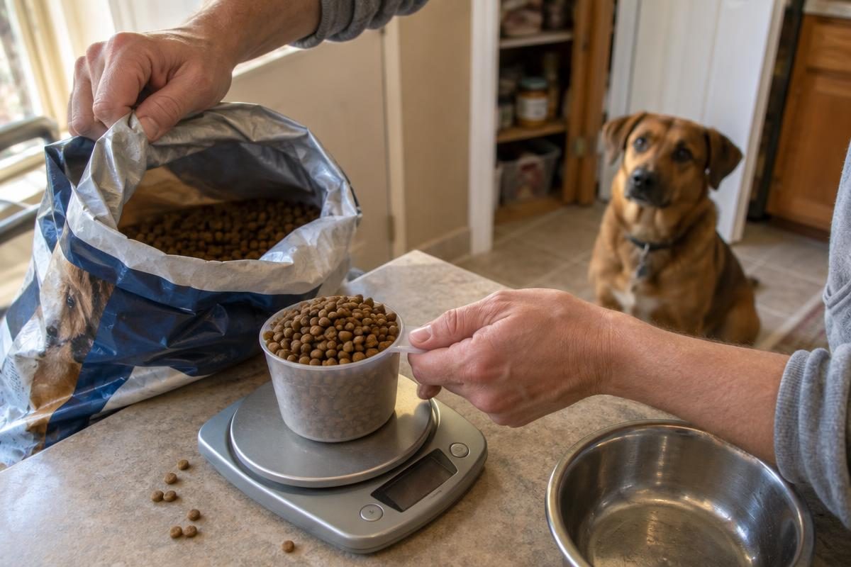 Owner weighing kibble on a kitchen scale to work out dog food cost per month while the dog waits