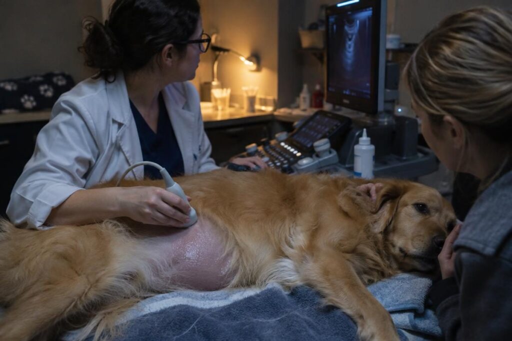 Veterinarian scanning a golden retriever with ultrasound to confirm the due date from a dog pregnancy calculator