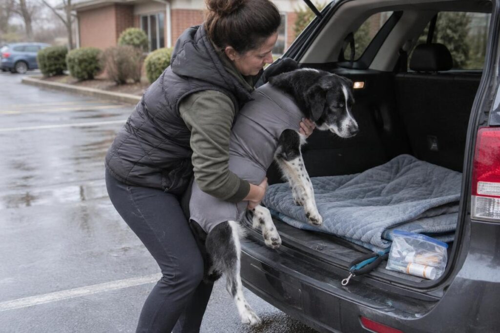 Owner lifting a drowsy dog in a recovery suit into the car, the final step covered by dog spay cost