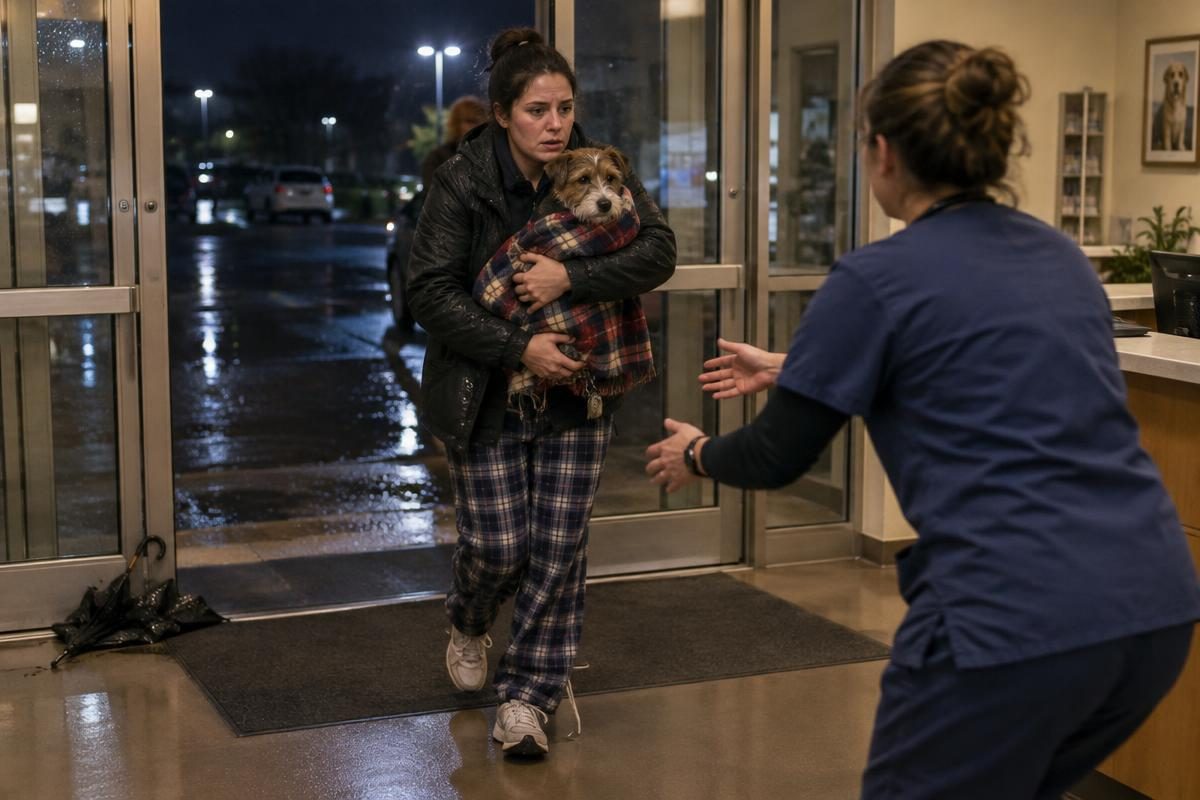 Owner rushing a blanket-wrapped dog into an emergency animal hospital at night, where emergency vet cost begins