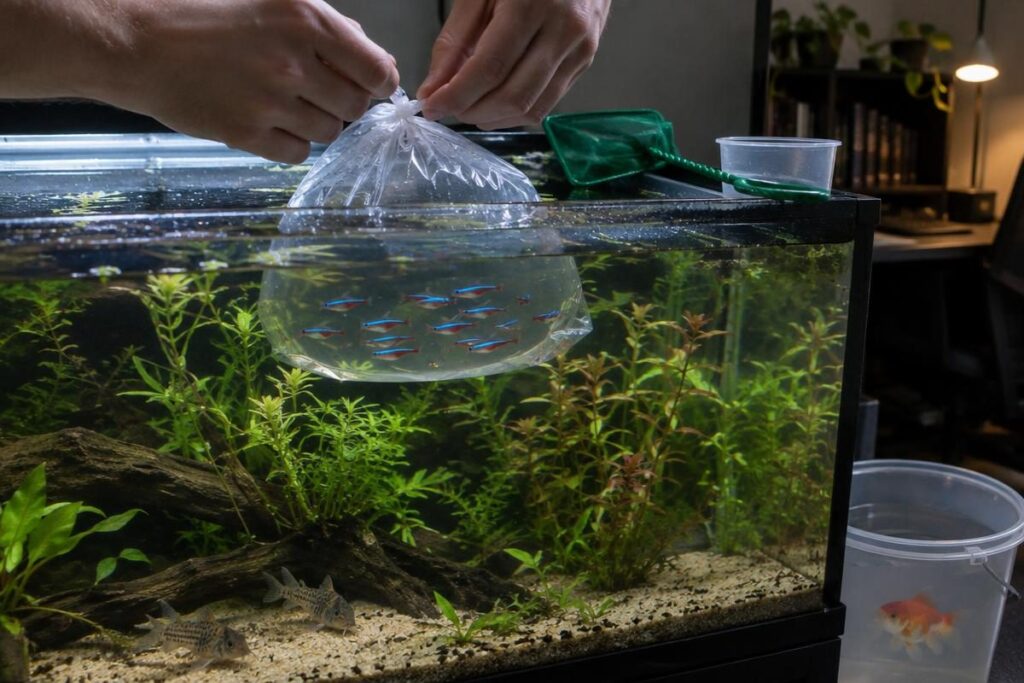 Floating a bag of neon tetras to acclimate them after checking a fish stocking calculator for the tank