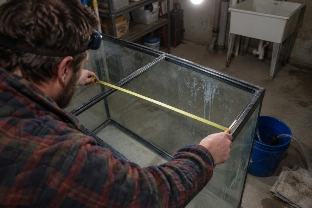 Person measuring the inside length of an empty 55 gallon tank for a fish tank capacity calculator