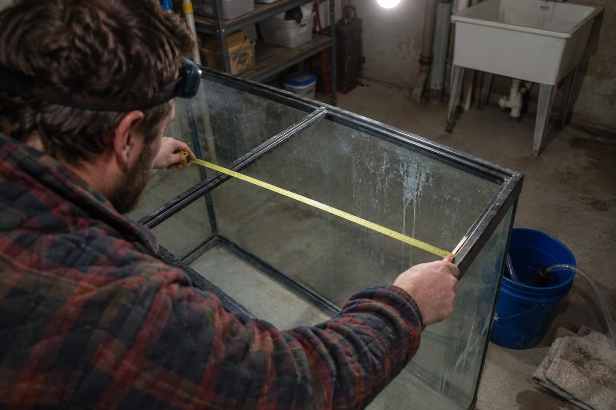 Person measuring the inside length of an empty 55 gallon tank for a fish tank capacity calculator
