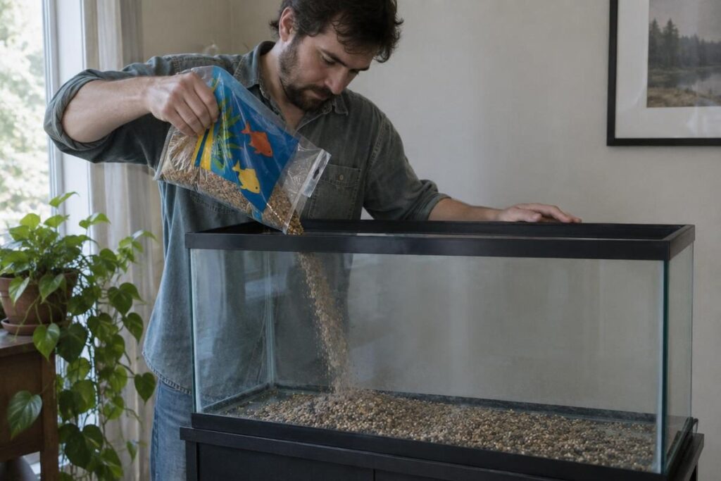 Pouring a retail bag of aquarium gravel into an empty tank, sized with a fish tank gravel calculator