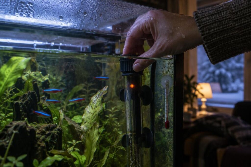 Hand adjusting a submersible aquarium heater on a winter night, sized with a fish tank heater calculator