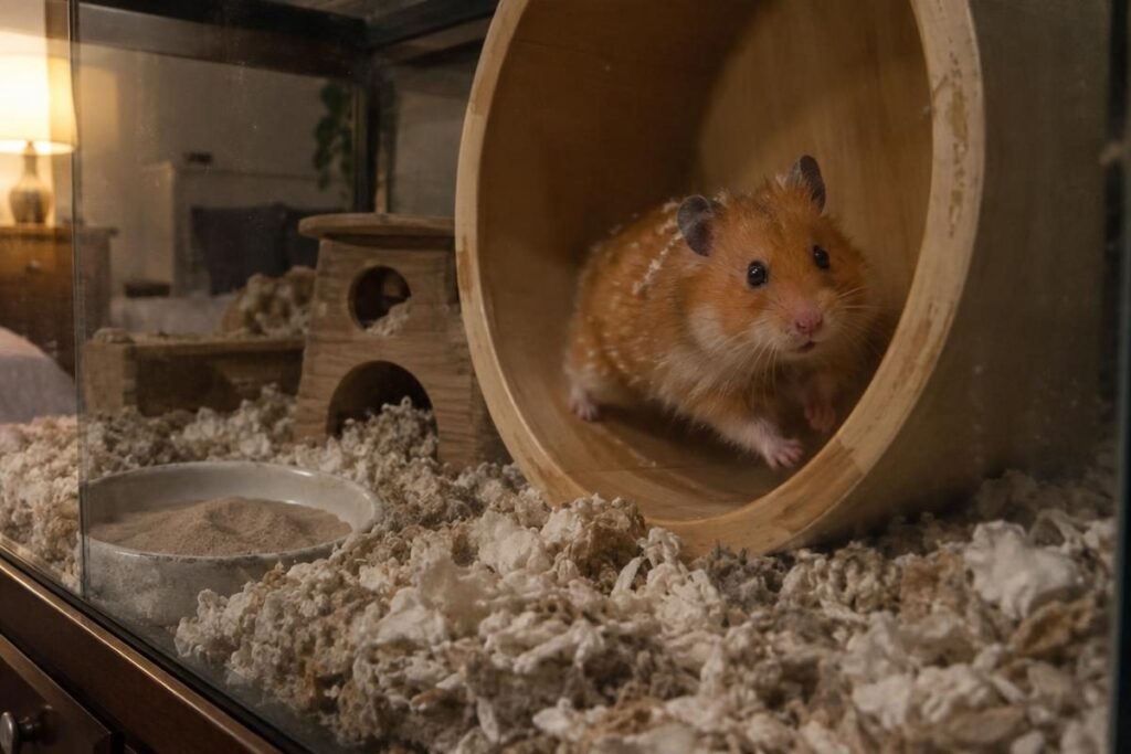 Syrian hamster running on a wide silent wheel in deep bedding, a core part of hamster setup cost