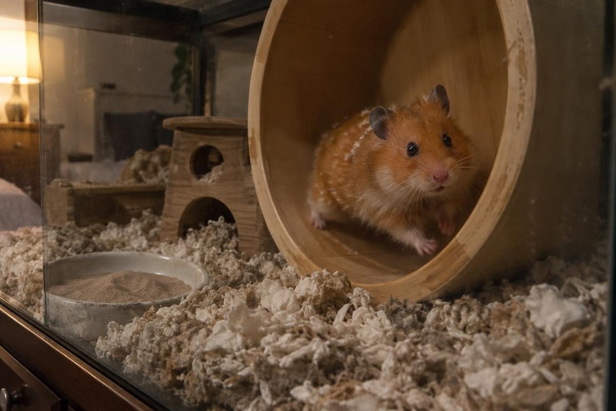 Syrian hamster running on a wide silent wheel in deep bedding, a core part of hamster setup cost