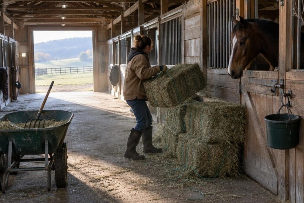 Horse owner stacking hay bales in a barn aisle, one of the biggest items in horse cost per month