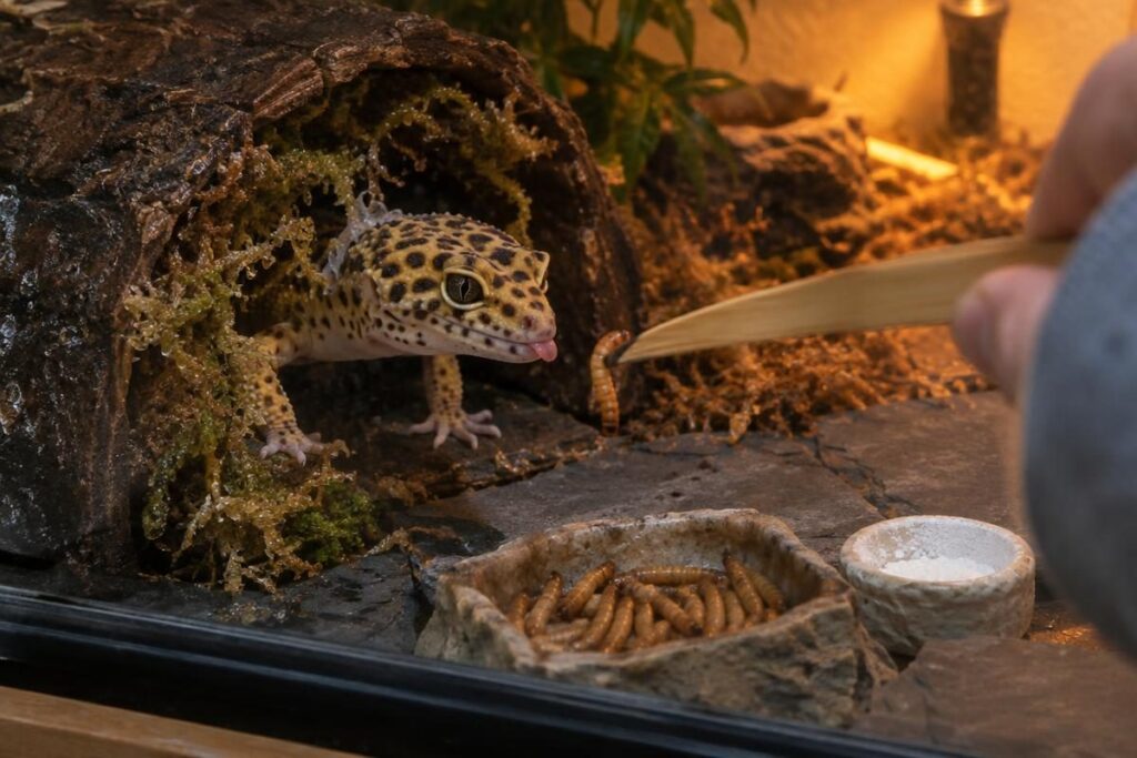 Leopard gecko leaving its moist hide for a mealworm from tongs, part of ongoing leopard gecko cost