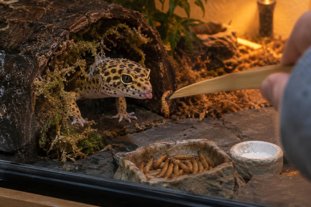 Leopard gecko leaving its moist hide for a mealworm from tongs, part of ongoing leopard gecko cost