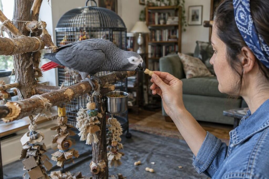 African grey parrot taking an in-shell peanut beside chewed toys, a reminder of how much parrots usually cost to keep
