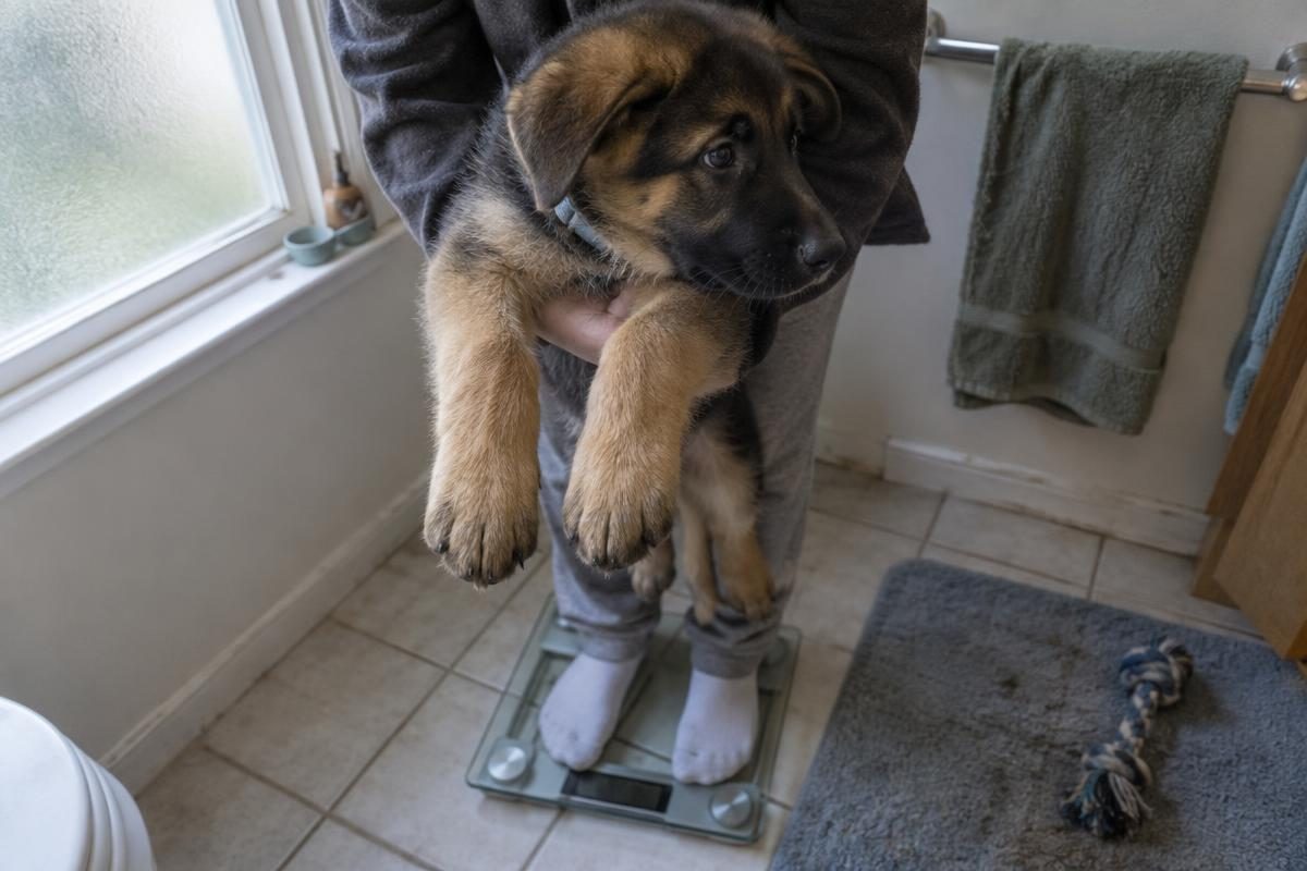 Owner weighing a German shepherd puppy on a bathroom scale to use in a puppy weight calculator