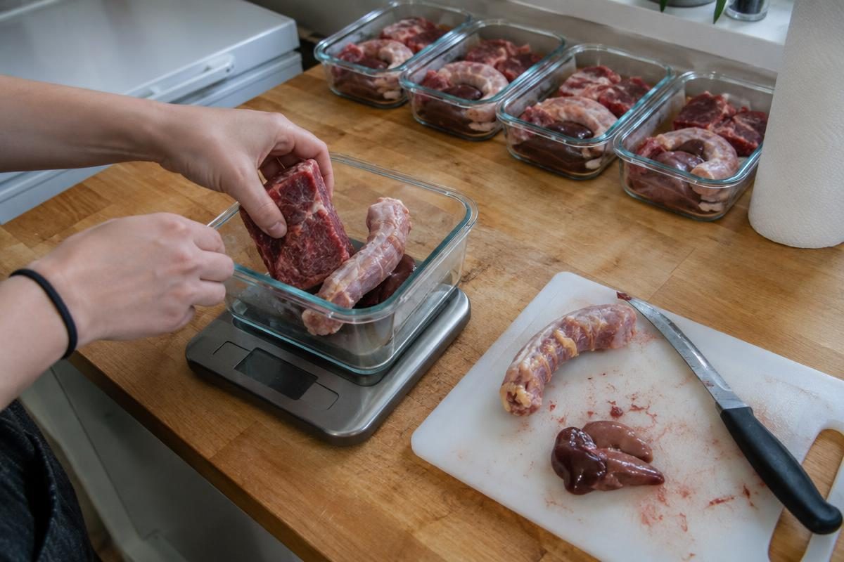 Hands portioning raw muscle meat, chicken neck and liver on a scale, as a raw dog food calculator suggests